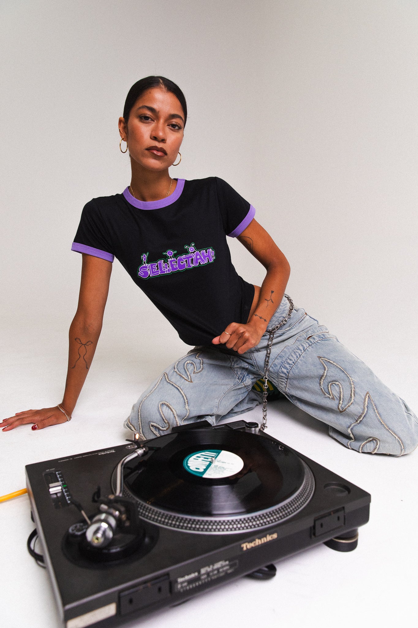 'SELECTAH' ringer tee in Black & Purple