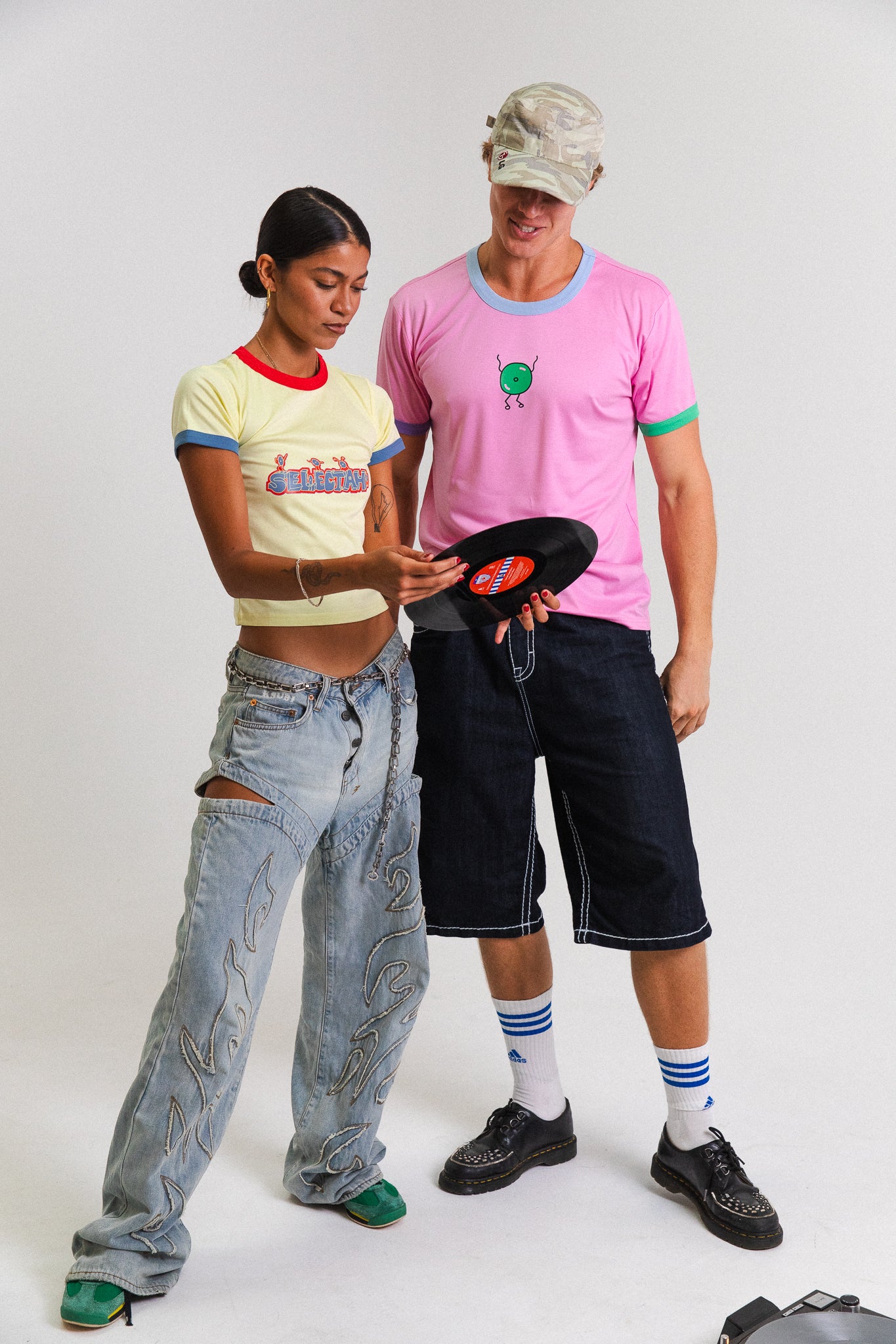 'Dancing Vinyl' Ringer Tee in Baby Pink