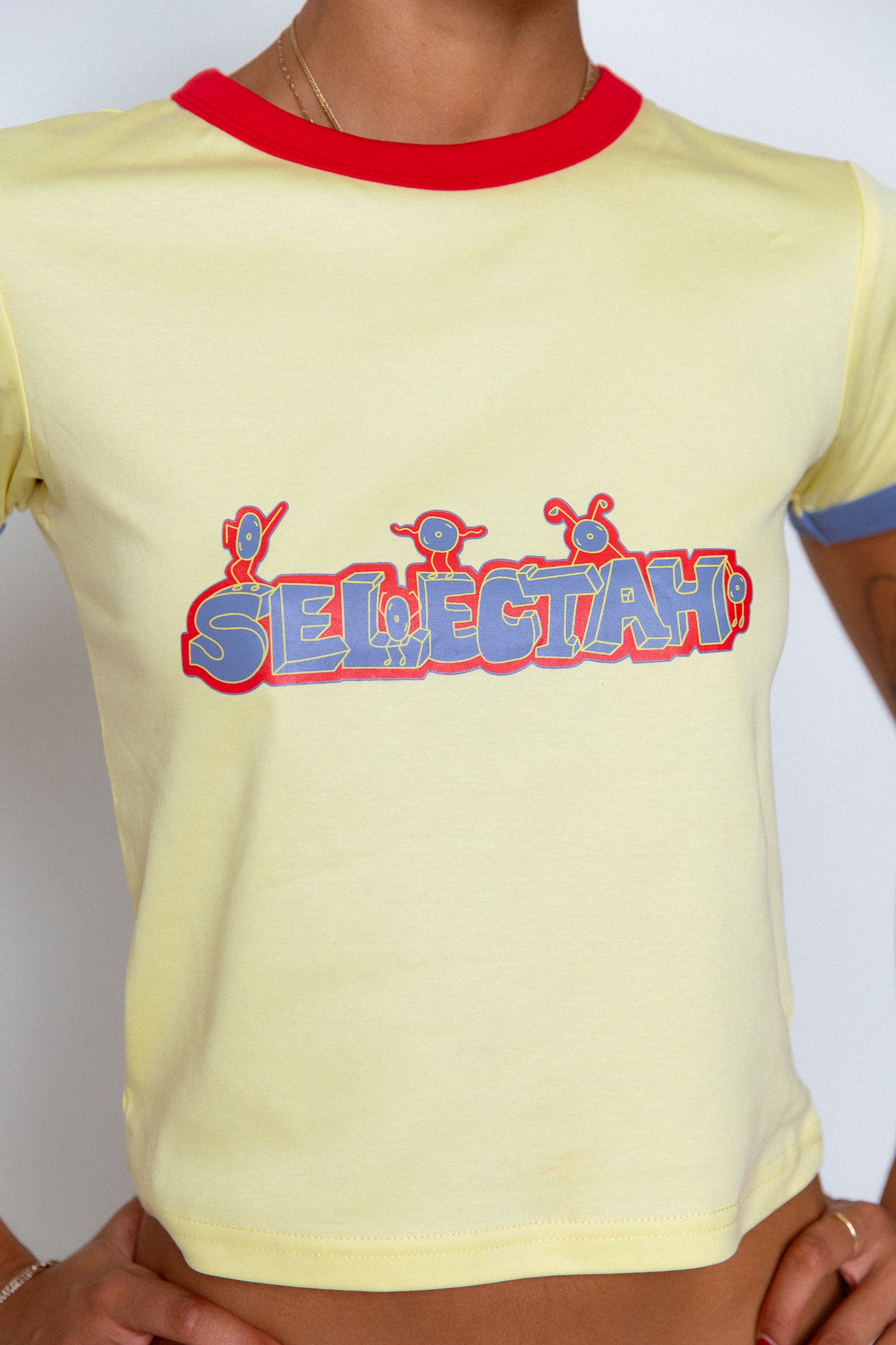 'SELECTAH' ringer tee in Pale Yellow