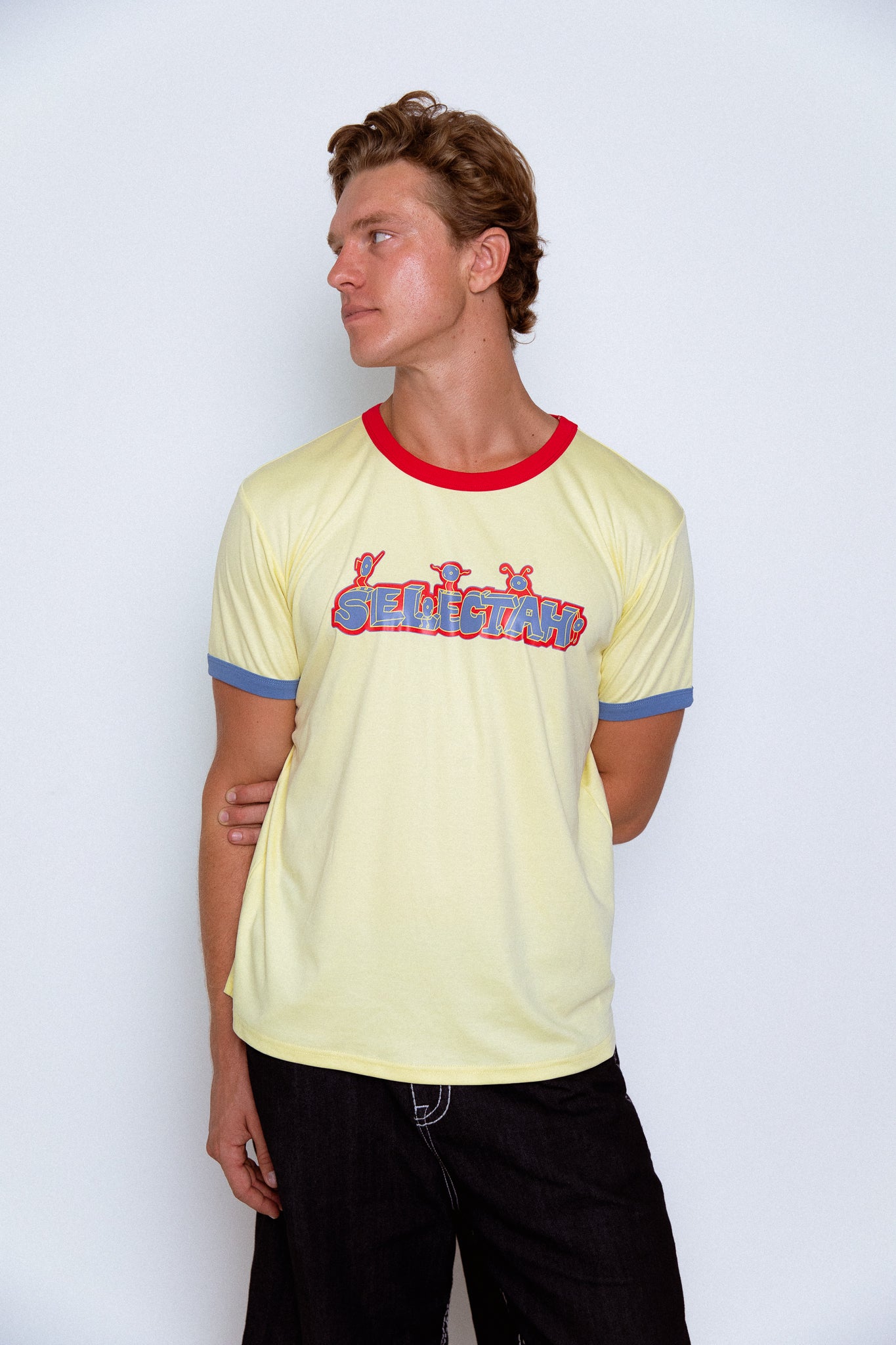 'SELECTAH' ringer tee in Pale Yellow