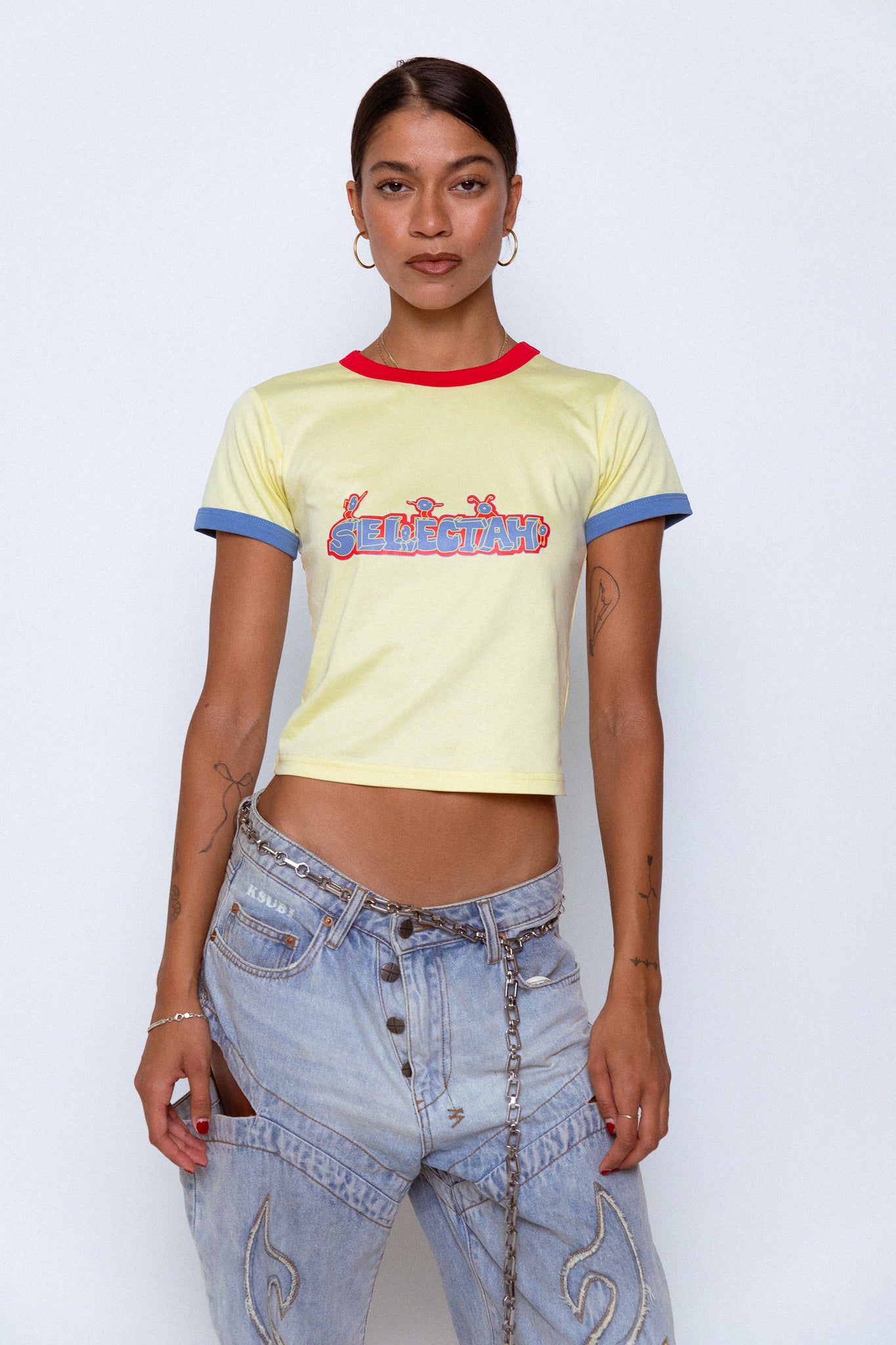 'SELECTAH' ringer tee in Pale Yellow