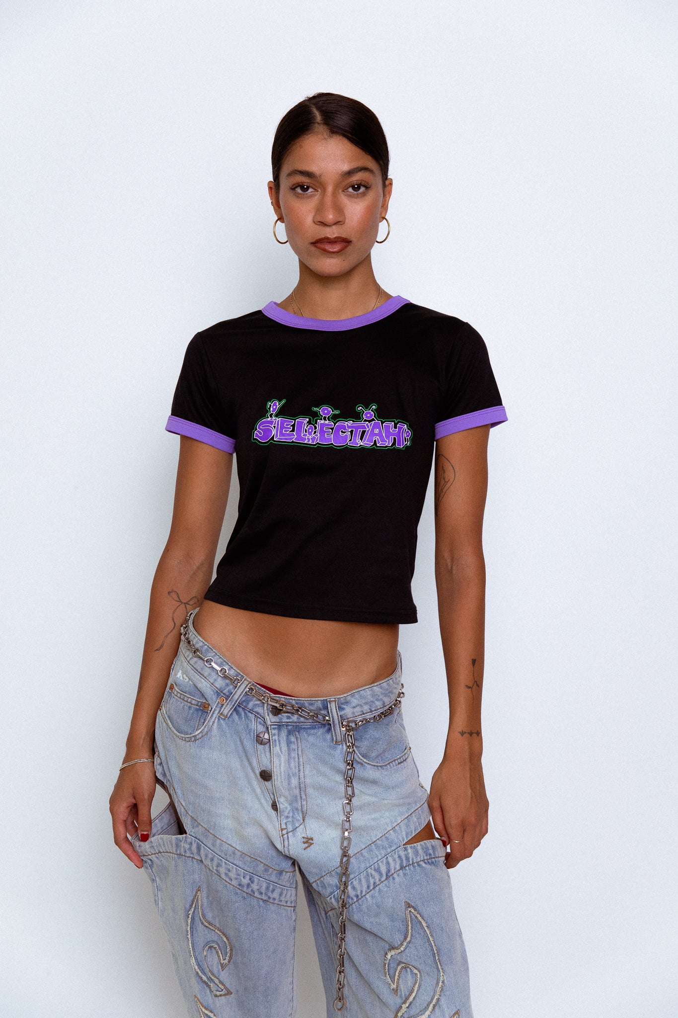'SELECTAH' ringer tee in Black & Purple