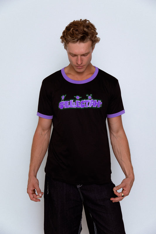 'SELECTAH' ringer tee in Black & Purple