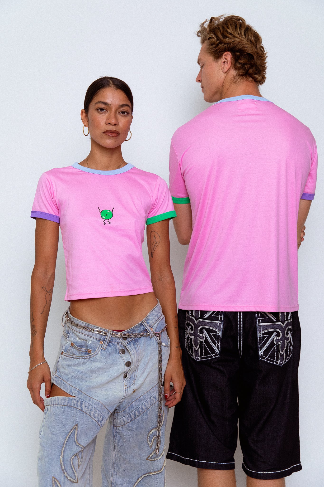 'Dancing Vinyl' Ringer Tee in Baby Pink