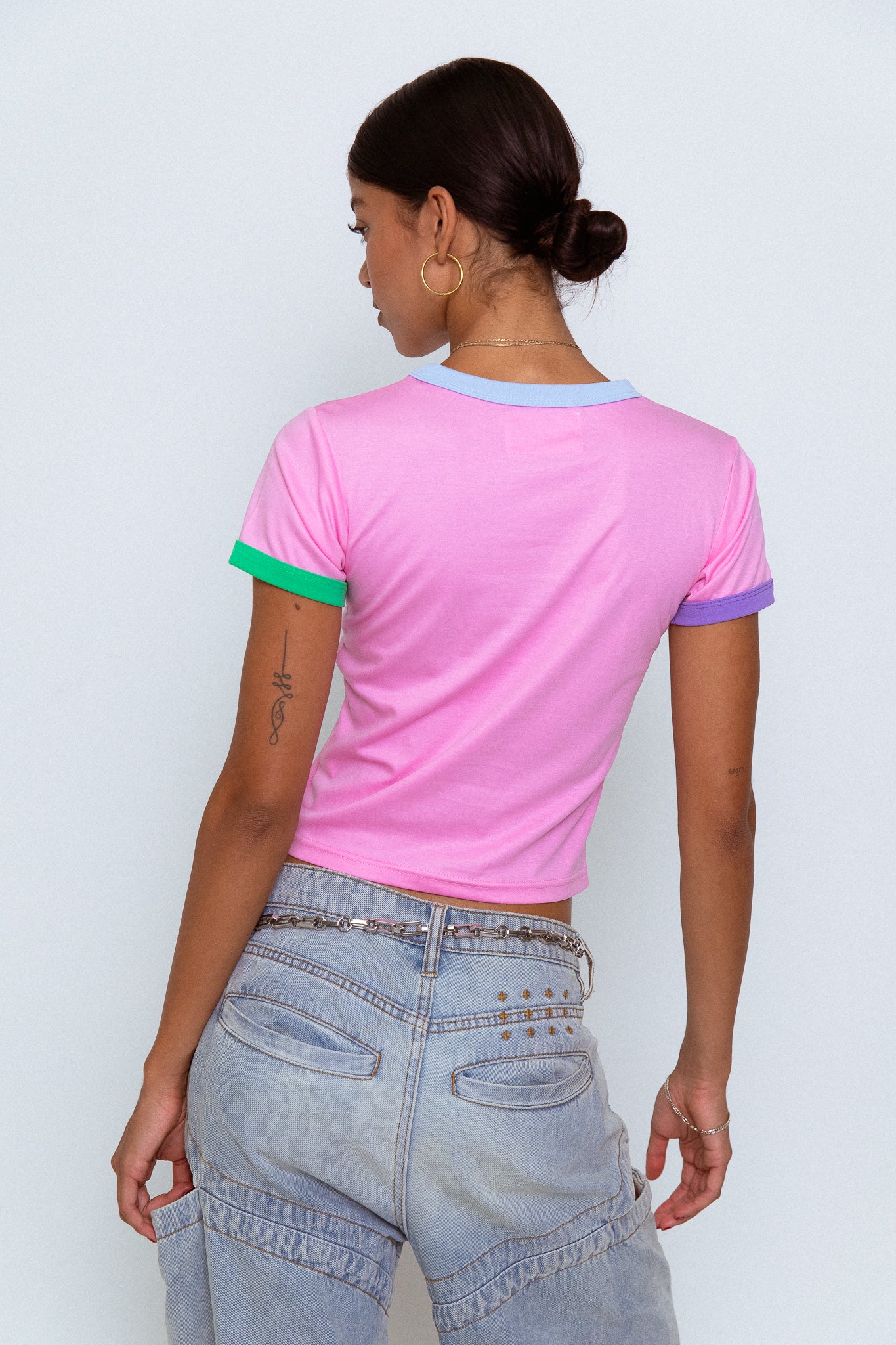 'Dancing Vinyl' Ringer Tee in Baby Pink