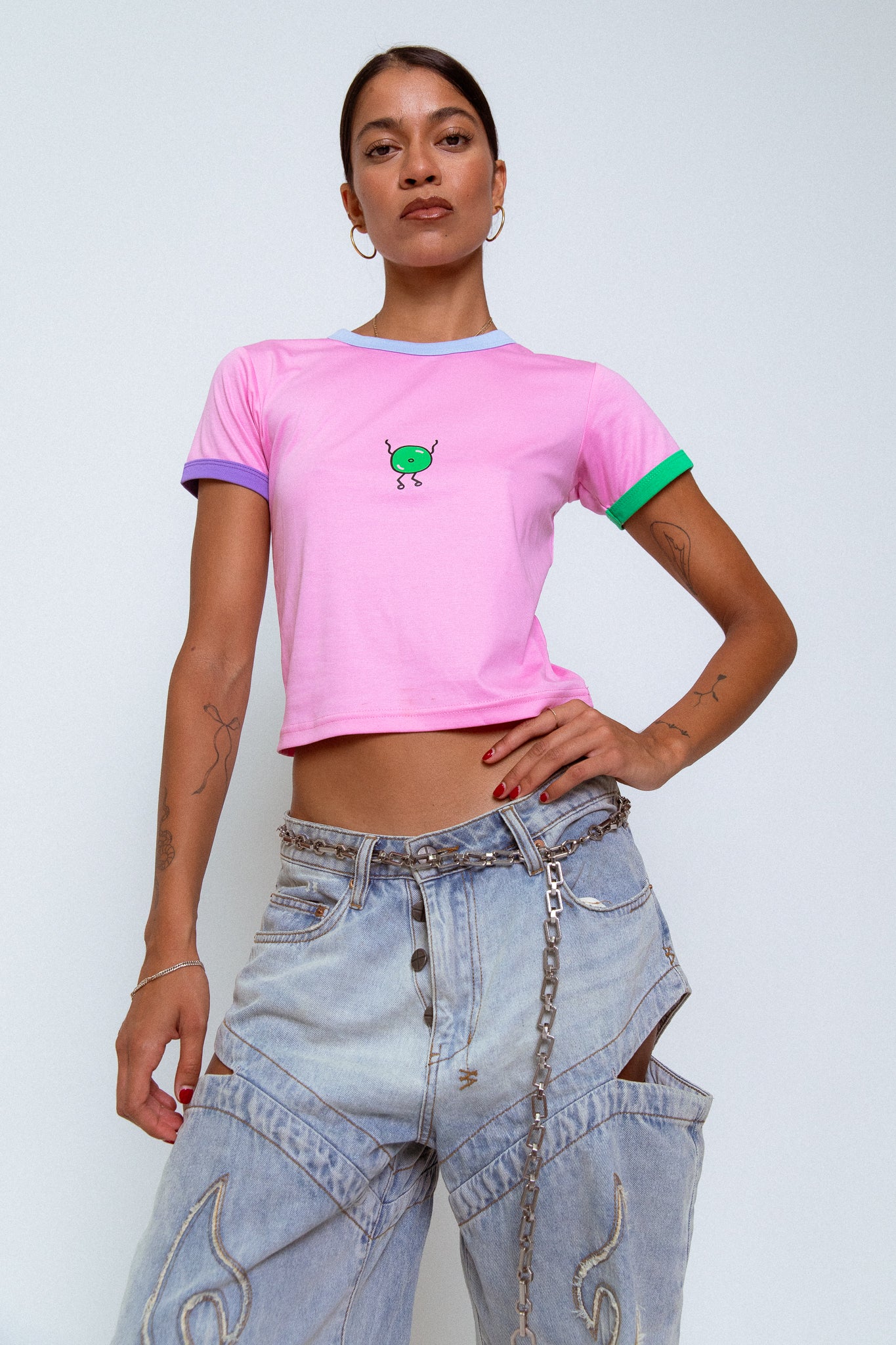 'Dancing Vinyl' Ringer Tee in Baby Pink