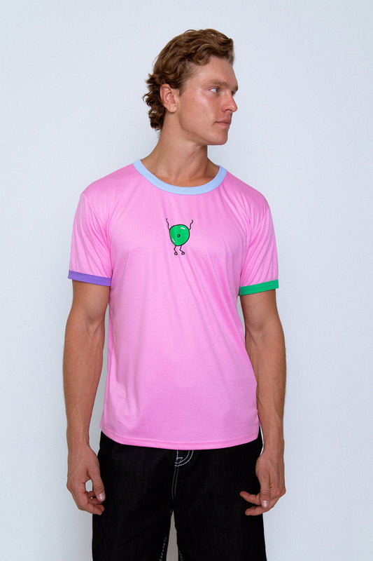 'Dancing Vinyl' Ringer Tee in Baby Pink