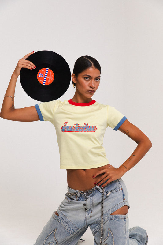 'SELECTAH' ringer tee in Pale Yellow