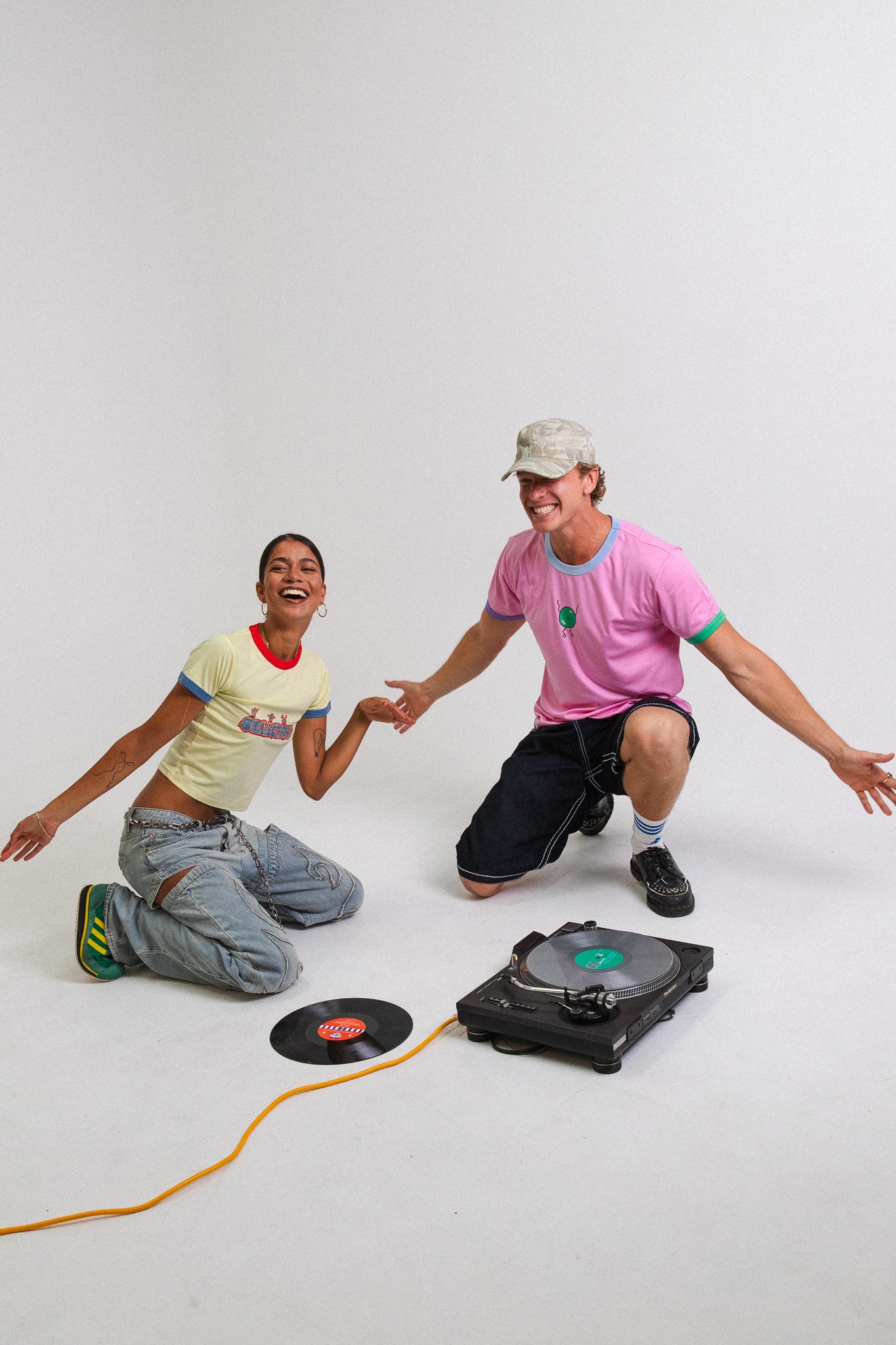 'Dancing Vinyl' Ringer Tee in Baby Pink