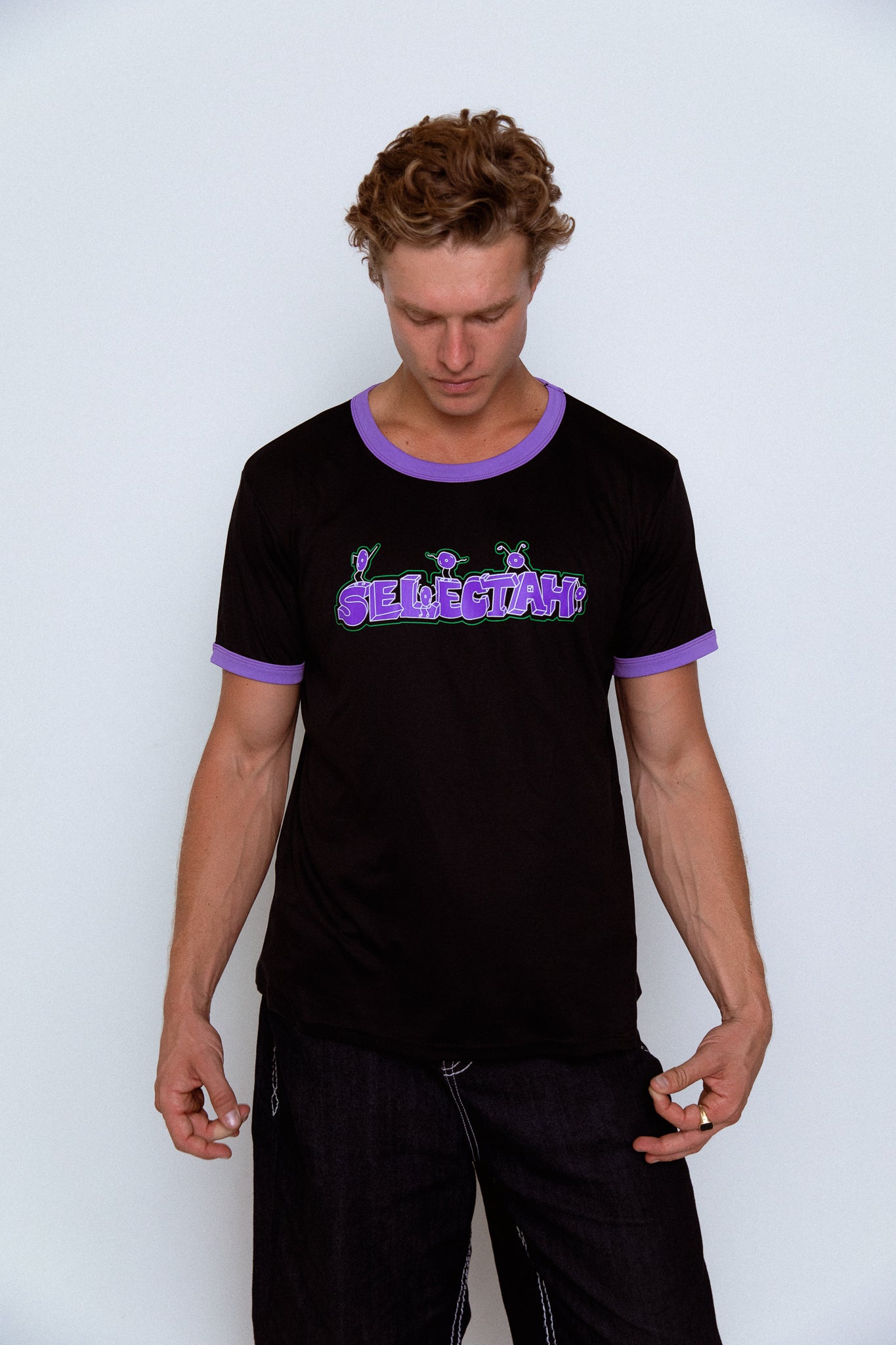 'SELECTAH' ringer tee in Black & Purple